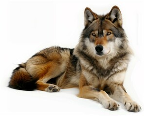 Lone Guardian: A Photorealistic Portrait of a Gray Wolf Resting Against a White Background