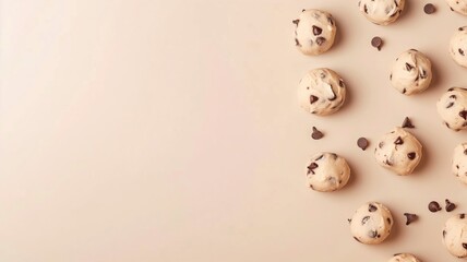Scoops of raw chocolate chip cookie dough arranged neatly on light beige surface