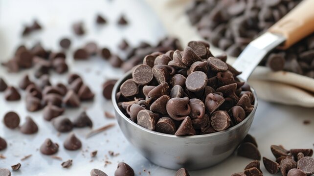 Metal scoop full of chocolate chips in bowl with more scattered around