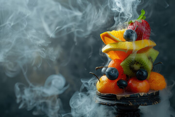 Close-up Modern fruit Hookah bowl with orange and sliced fresh fruits and mint leaves with hot coconut coals charcoal, white smoke , copy space.
