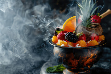 Close-up Modern fruit Hookah bowl with orange and sliced fresh fruits with hot coconut coals charcoal, white smoke , copy space. - obrazy, fototapety, plakaty