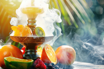Close-up Modern fruit Hookah bowl with orange and sliced fresh fruits with hot coconut coals charcoal, white smoke , copy space, sunny summer. - obrazy, fototapety, plakaty