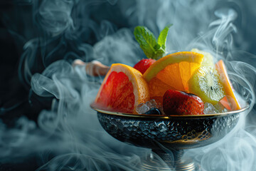 Close-up Modern fruit Hookah bowl with orange and sliced fresh fruits and mint leaves with hot coconut coals charcoal, white smoke , copy space. - obrazy, fototapety, plakaty