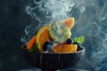 Close-up Modern fruit Hookah bowl with orange and sliced fresh fruits and mint leaves with hot coconut coals charcoal, white smoke , copy space.