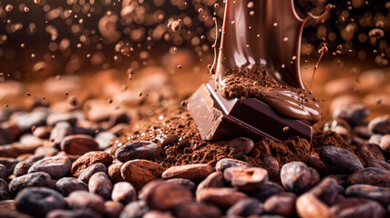 Luxurious Chocolate Pouring Over Cocoa Beans.Tempting Culinary Delight.