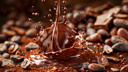 Luxurious Chocolate Pouring Over Cocoa Beans.Tempting Culinary Delight.