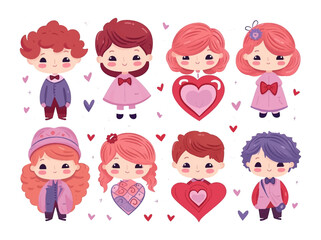Set of vector illustration cute cartoon of little kids with pink heart balloon. Self love, self care, positive, happiness concept.