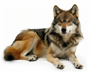 Lone Guardian: A Photorealistic Portrait of a Gray Wolf Resting Against a White Background