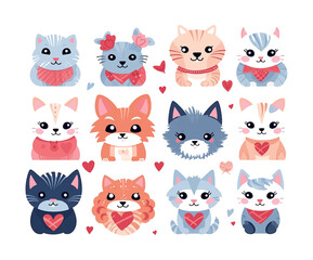 Cute cats and dogs doodle vector set. Cartoon dog or puppy kitten characters design collection with flat color in different poses. Set of funny pet animals isolated on white background.