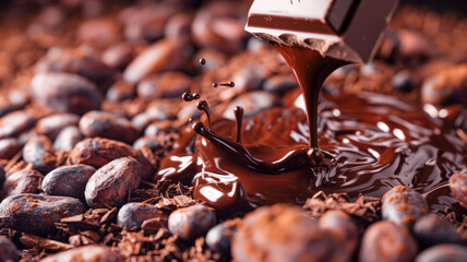 Luxurious Chocolate Pouring Over Cocoa Beans.Tempting Culinary Delight.