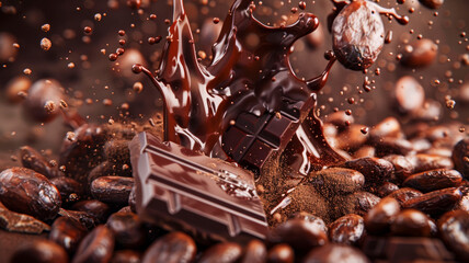 Luxurious Chocolate Pouring Over Cocoa Beans.Tempting Culinary Delight.