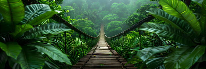 Suspension bridge in green jungle with copy space,
View of narrow footbridge between green tropical trees located in jungle of costa rica
