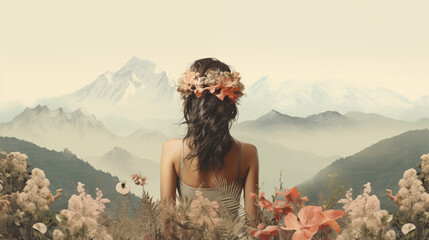 Surreal Artwork of Woman with Flower Garland Overlooking Mountainous Landscape
