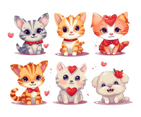 Cute cats and dogs doodle vector set. Cartoon dog or puppy kitten characters design collection with flat color in different poses. Set of funny pet animals isolated on white background.