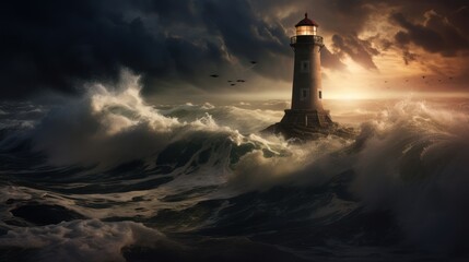 Dramatic seascape illumination: The glowing presence of a lighthouse against a stormy backdrop creates a powerful visual narrative of nature's forces. - obrazy, fototapety, plakaty