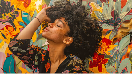 Woman with curly hair posing against floral mural - obrazy, fototapety, plakaty