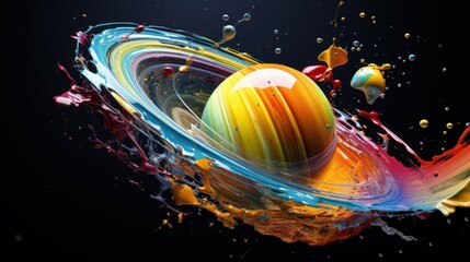 Abstract burst: Colored ball creates a vibrant explosion amidst swirling paints on a black surface. - obrazy, fototapety, plakaty