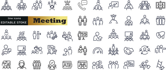 Meeting web icon set in line style. Conference, team, brainstorm, seminar, interview, collection. Vector illustration.