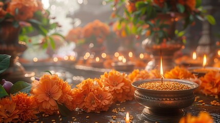 आकाशीय सौंदर्य के मध्य, नारंगी फूलों और प्रकाशमय दिव्यता के साथ एक माधुर्यपूर्ण सुप्रभात।