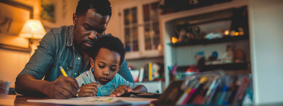 Black African American man is engaged in explaining homework and concepts with his young son at the table in warm lighting. Home online learning. Banner. Copy space