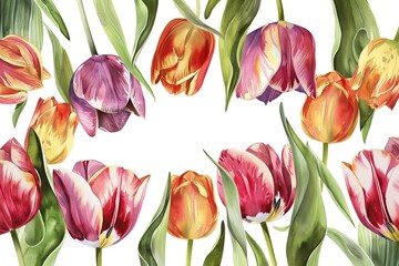 red and pink Tulips on white background. Spring flowers. Watercolor - obrazy, fototapety, plakaty