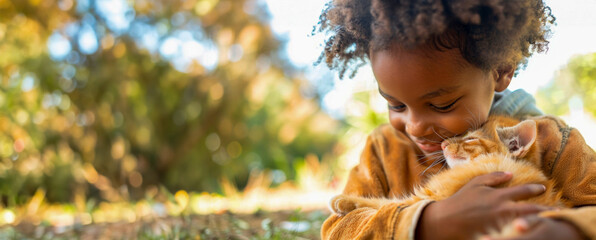 Close up shot Young black girl baby gently holding a cat in her arms in a garden in nature, both looking at each other with tenderness and curiosity. Playing with pets. Banner. Copy space