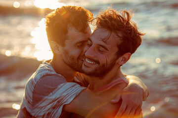 couple of boys kissing at each other in the beach