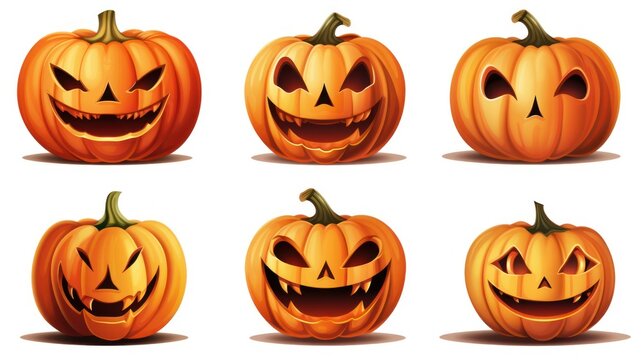 Halloween festivity: a set of carved pumpkins clipart, showcasing spooky faces, arranged on a clean white background.