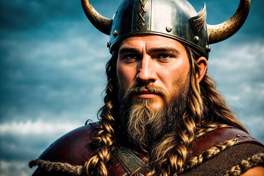 A Viking warrior with a long beard and horned helmet, standing in front of a cloudy sky. - Powered by Adobe