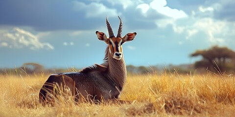 Portrait of a sitting waterbuck on the grass in the African savannah, background, wild animals, wallpaper. - obrazy, fototapety, plakaty