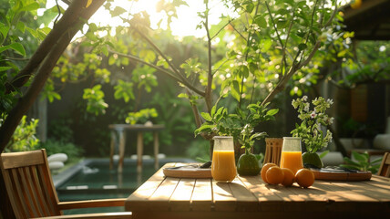 Tranquil Outdoor Breakfast Setting with Orange Juice, Fresh Oranges, and Lush Greenery in Sunlit Garden