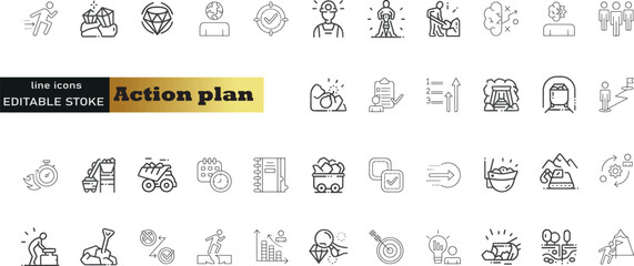 Fototapeta na wymiar Action plan web icon set in line style. Schedule, plan, implementation, strategy, analysis, collaboration, check, collection. Vector illustration.