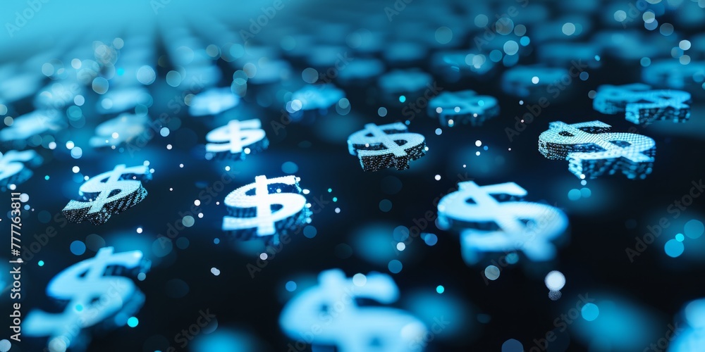 Poster white dollar signs floating on a blue background featuring a simple design with a white and dark blu
