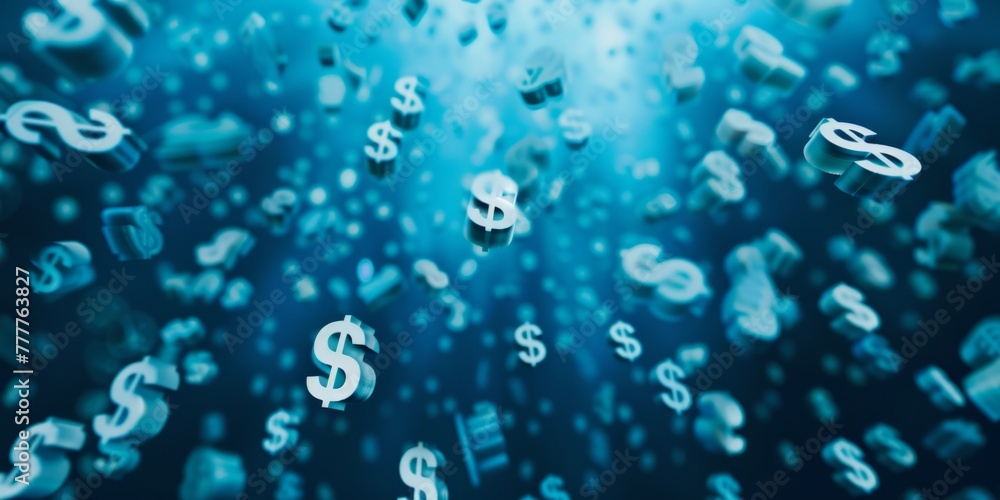 Poster blue background with white dollar signs floating around generative ai