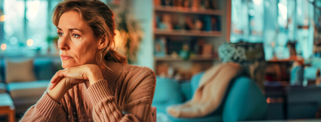 An adult sad drooping woman of 40-50 years old in a beige blouse sits on the sofa in a cozy room. Depressive and apathetic state. Discomfort and sadness. Psychological problems. Banner. Copy space