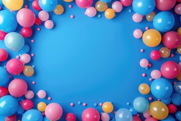 colourful balloons frame on blue background with copy space