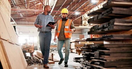 Carpenter, tablet or team discussion in workshop for planning construction, manufacturing or woodwork production. Engineer, collaboration or diverse people in warehouse or walk in industrial building - Powered by Adobe