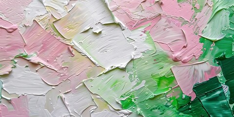 Rough abstract background colored with green, pink and white in acrylic brush strokes. Acrylic or oil painting in green, pink and white on canvas.