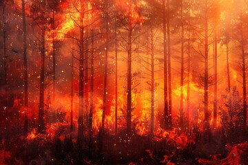 forest, trees in fire - obrazy, fototapety, plakaty