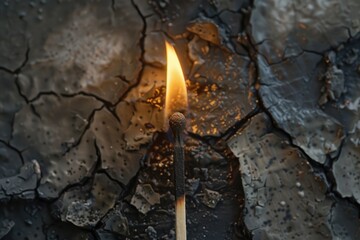 burning match against a textured grey burned surface - obrazy, fototapety, plakaty