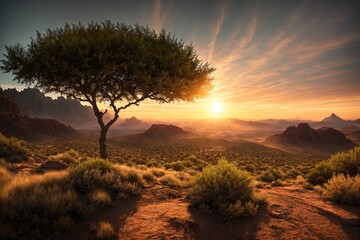 A desert landscape with a tree in the foreground and mountains in the background. - Powered by Adobe