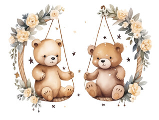 Cute couple watercolor teddy bears with balloon and flowers decoration vector illustrations for birthday party, kids book, sticker, fabric t-shirt, wall art, cover book