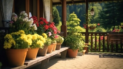 Blooming flowers in pots adorn a sunny terrace, adding a burst of color to the outdoor space.