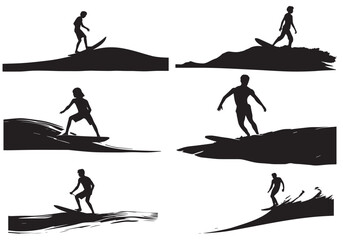Surfboard riders man woman and child surfing silhouettes vector