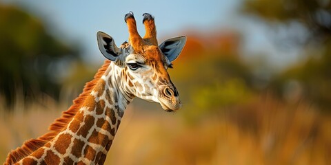 Giraffe in his habitat, savannah, safari, African heat, background, wallpaper. - obrazy, fototapety, plakaty