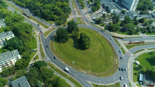 Timelapse Aerial view of the large rondo Lotnikow in Lodz
