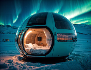 Bed beneath northern lights in a tranquil dome setting - 777764271