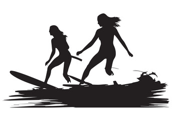 Surfboard riders man woman and child surfing silhouettes vector