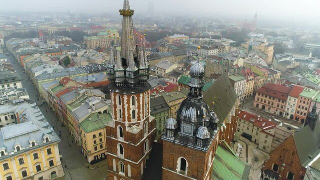 Aerial View On Bazylika Mariacka In Cracow, Beautiful Polish Footage