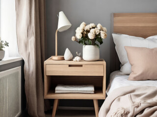 Delicate bedside decor with a lamp and floral arrangement, exuding a calming ambiance in the Scandinavian-style bedroom setting.